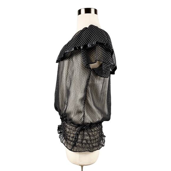 FROKEN SOT Blouse Black White Polka Dot Ruffles Sheer Top Retro Small Rockabilly - Picture 5 of 8